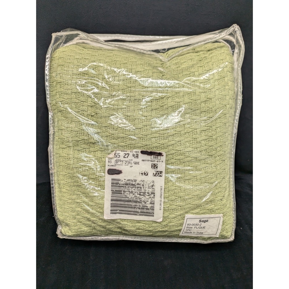 Brylane Basket Weave Blanket 100% Cotton Lightweight Medium Warmth Sage Queen